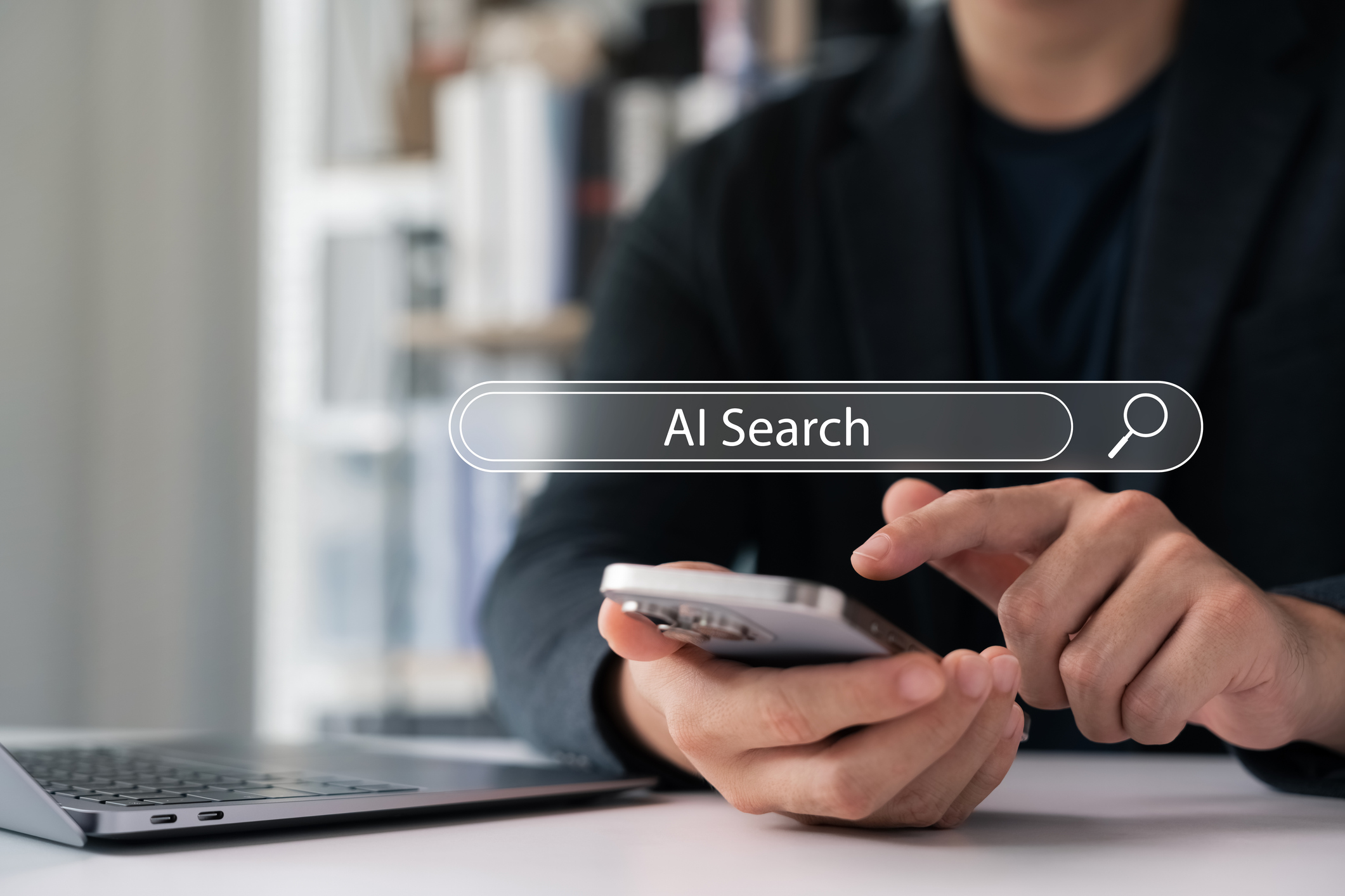 Man using smartphone with AI search bar overlay. Modern concept of artificial intelligence, smart search engine, future technology, and digital assistant for mobile information access.